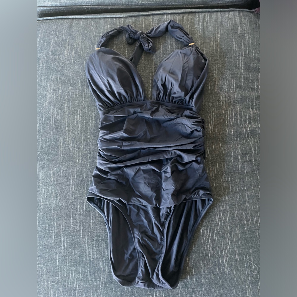 Ruched Halter One-Piece Swimsuit in Navy
